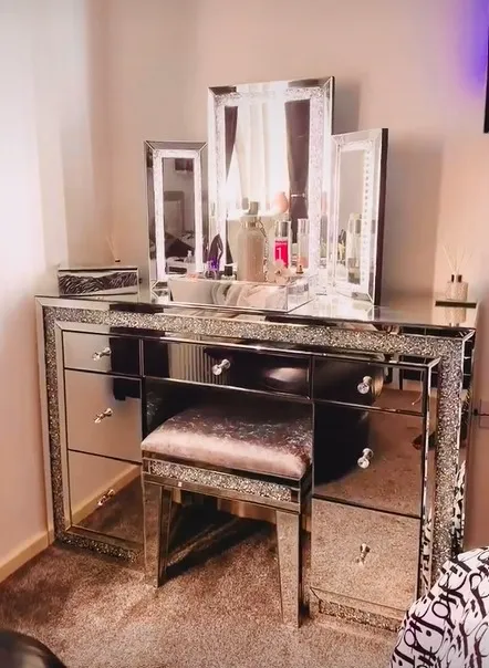 Mirrored Crushed Crystal Drawer Dressing Table With Footstool