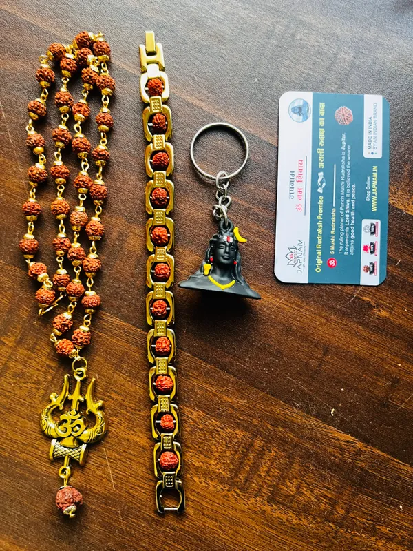 +1+Gift) Golden Plated Om Trishul Rudraksha Mala with Elegant